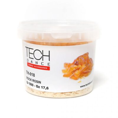 Container of Tech Dance Rock Rosin TH-018 with orange rosin chunks visible in a clear jar with lid